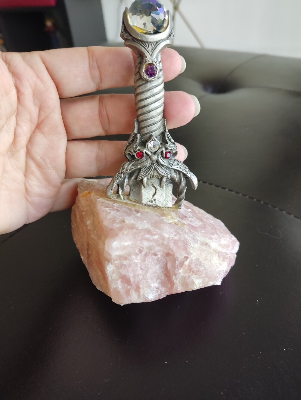 Pewter Fantasy Sword "Excalibur" Embedded In A Pink Rose Quartz Stone